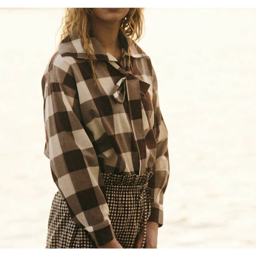 POSSE Callie long sleeve shirt in mocha gingham Sz XXL